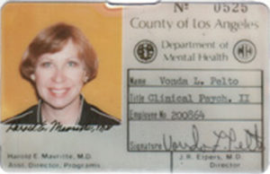 Enlargeable photo of Vonda Pelto's ID Badge from the Los Angeles County Department of Mental Health