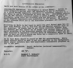 August 1971 confidential California Psychological Evaluation document about Bill Bonin during his transfer from Atascadero State Mental Hospital to Vacaville Prison/Mental Hospital facility.